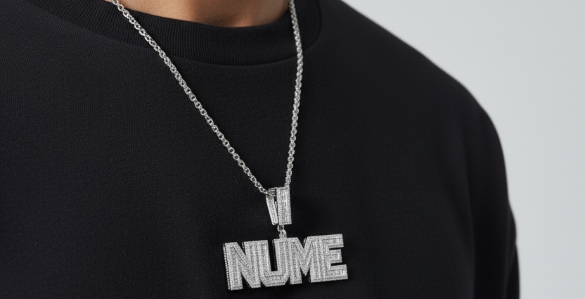 Person wearing a black t-shirt with a silver necklace featuring the word 'Nume'.